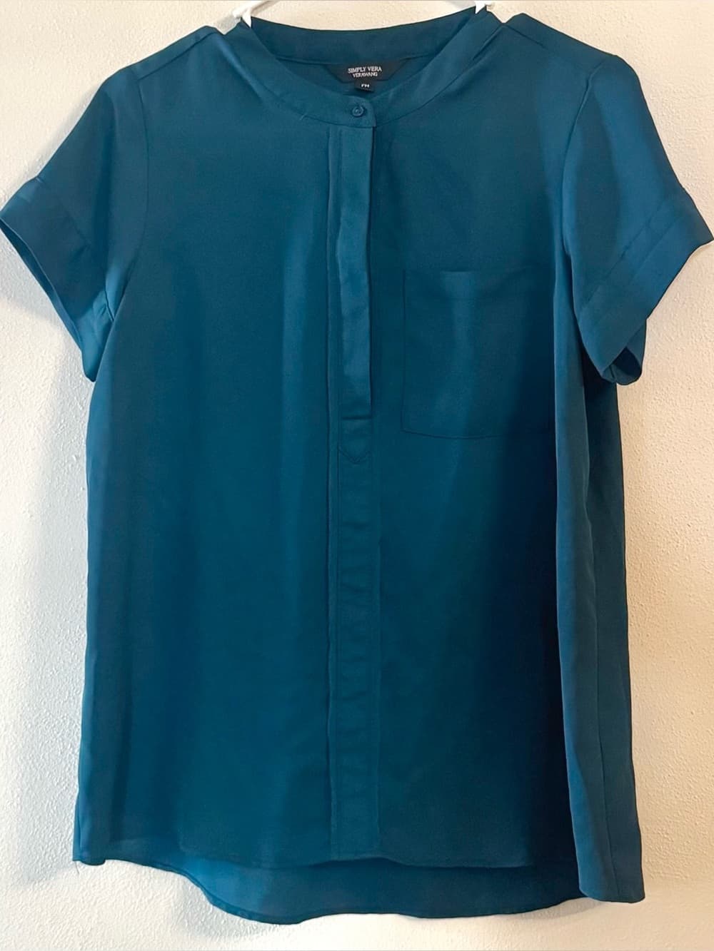 Simply Vera Wang Teal Short Sleeve Blouse MP Petite Chest Pocket