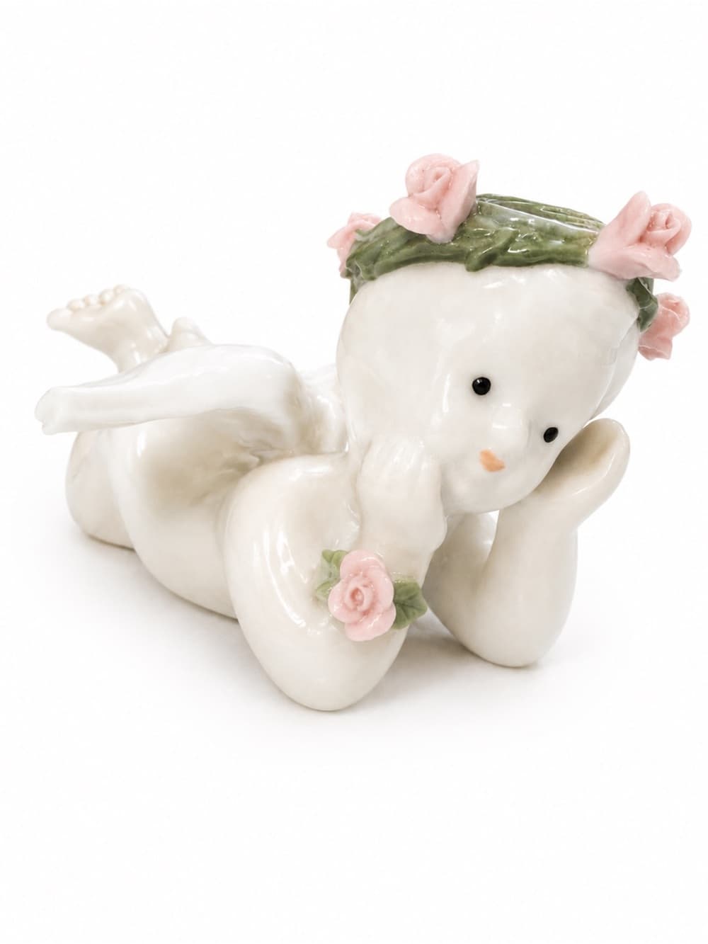 White Ceramic Cherub Angel Figurine With Rose Wreath - Thumbnail 6