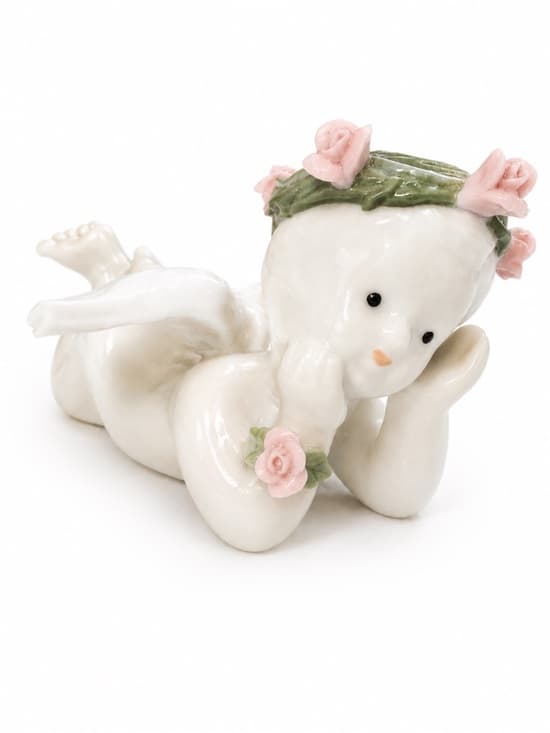 White Ceramic Cherub Angel Figurine With Rose Wreath - Thumbnail 7