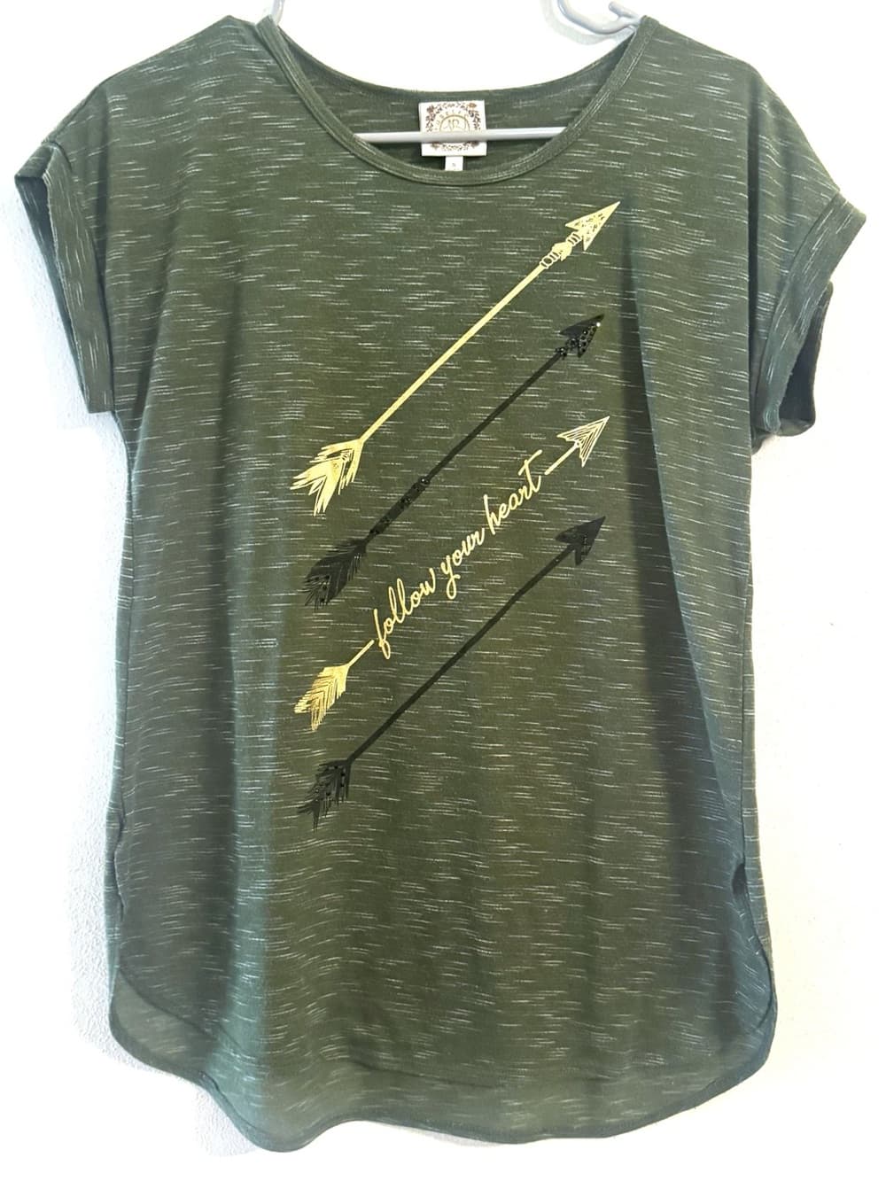 Truself Olive Green Arrow Graphic Cap Sleeve Tee S