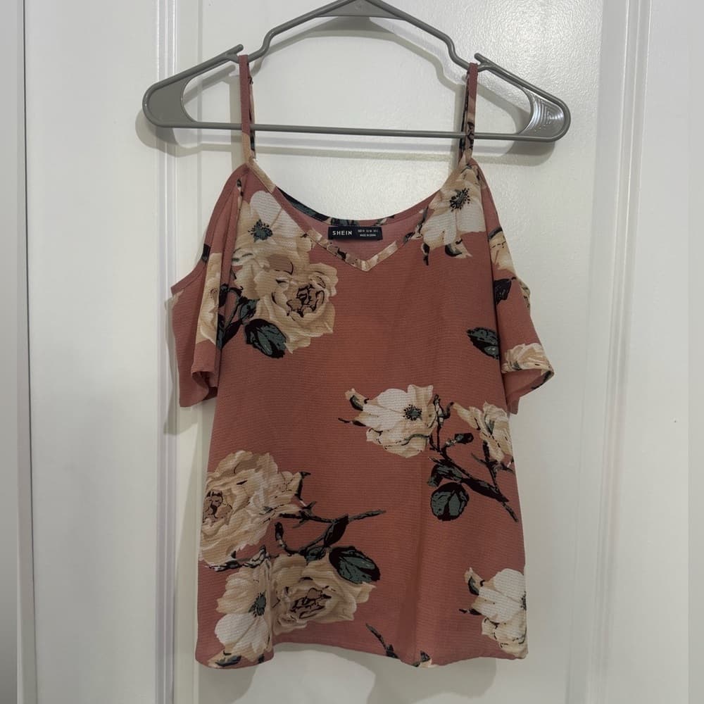 SHEIN Pink Cold Shoulder Floral Blouse M