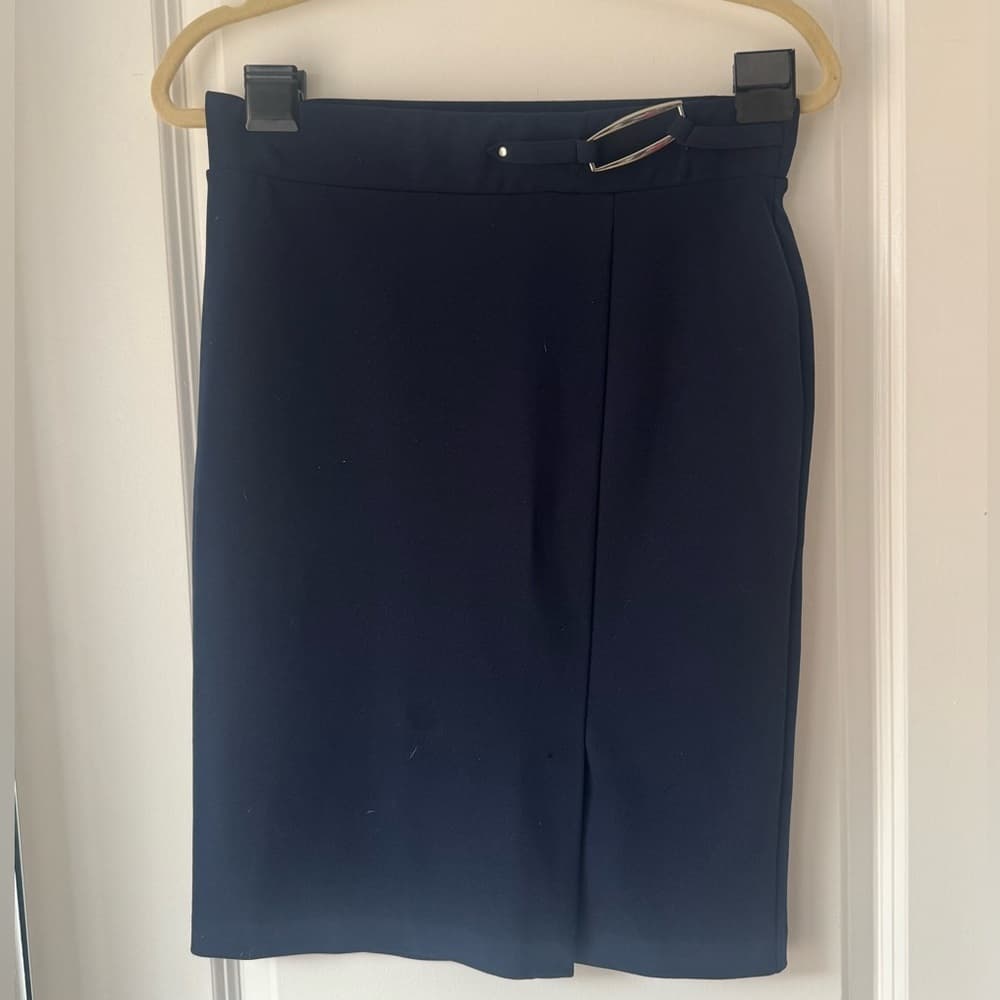 NYCC Pencil Skirt Size M High Waist Stretch Buckle Detail Navy Career