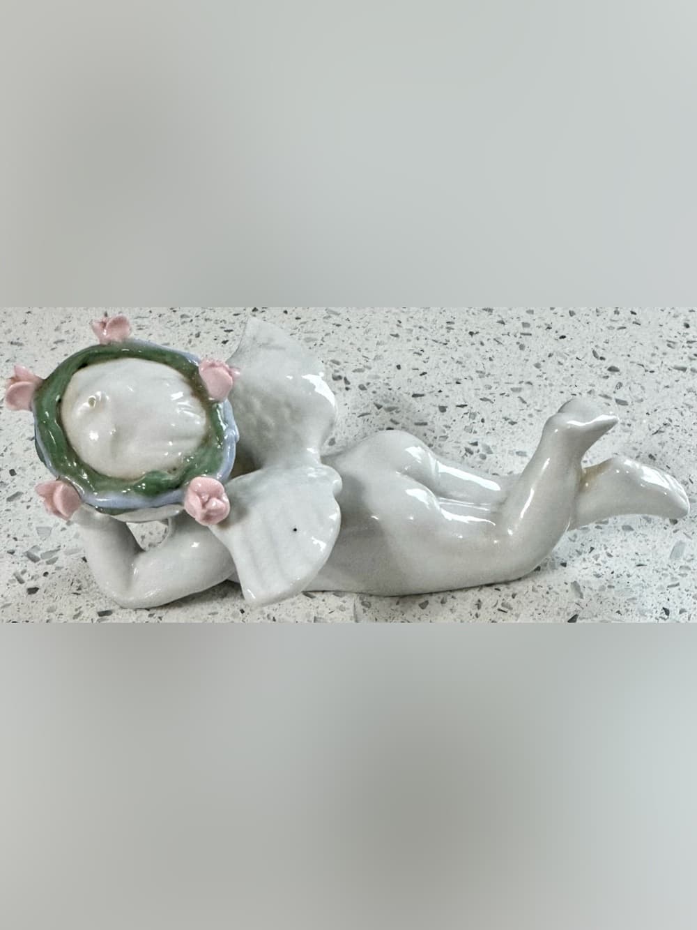 White Ceramic Cherub Angel Figurine With Rose Wreath - Thumbnail 3