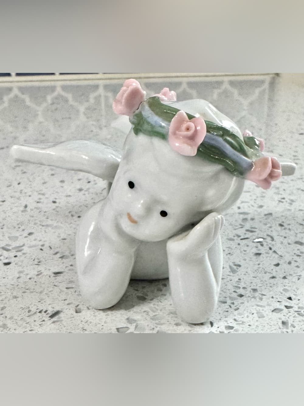 White Ceramic Cherub Angel Figurine With Rose Wreath