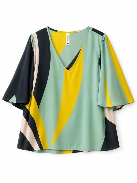 Tyche Women's Navy Mint Yellow Colorblock Flutter Sleeve V-Neck Blouse Large - Thumbnail 8