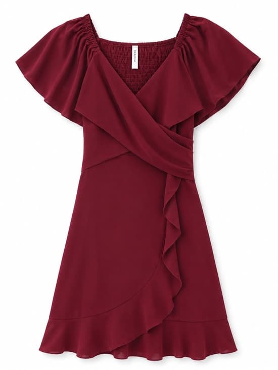 Dokotoo Burgundy Ruffle Wrap Mini Dress Flutter Sleeve Smocked S - Thumbnail 9