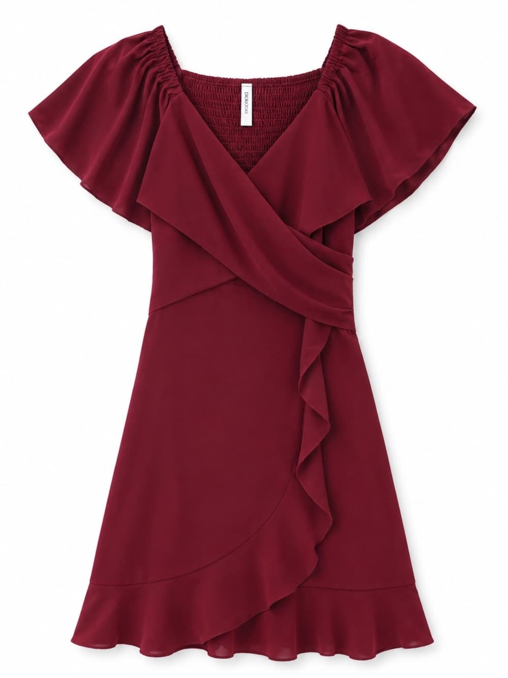 Dokotoo Burgundy Ruffle Wrap Mini Dress Flutter Sleeve Smocked S - Thumbnail 8