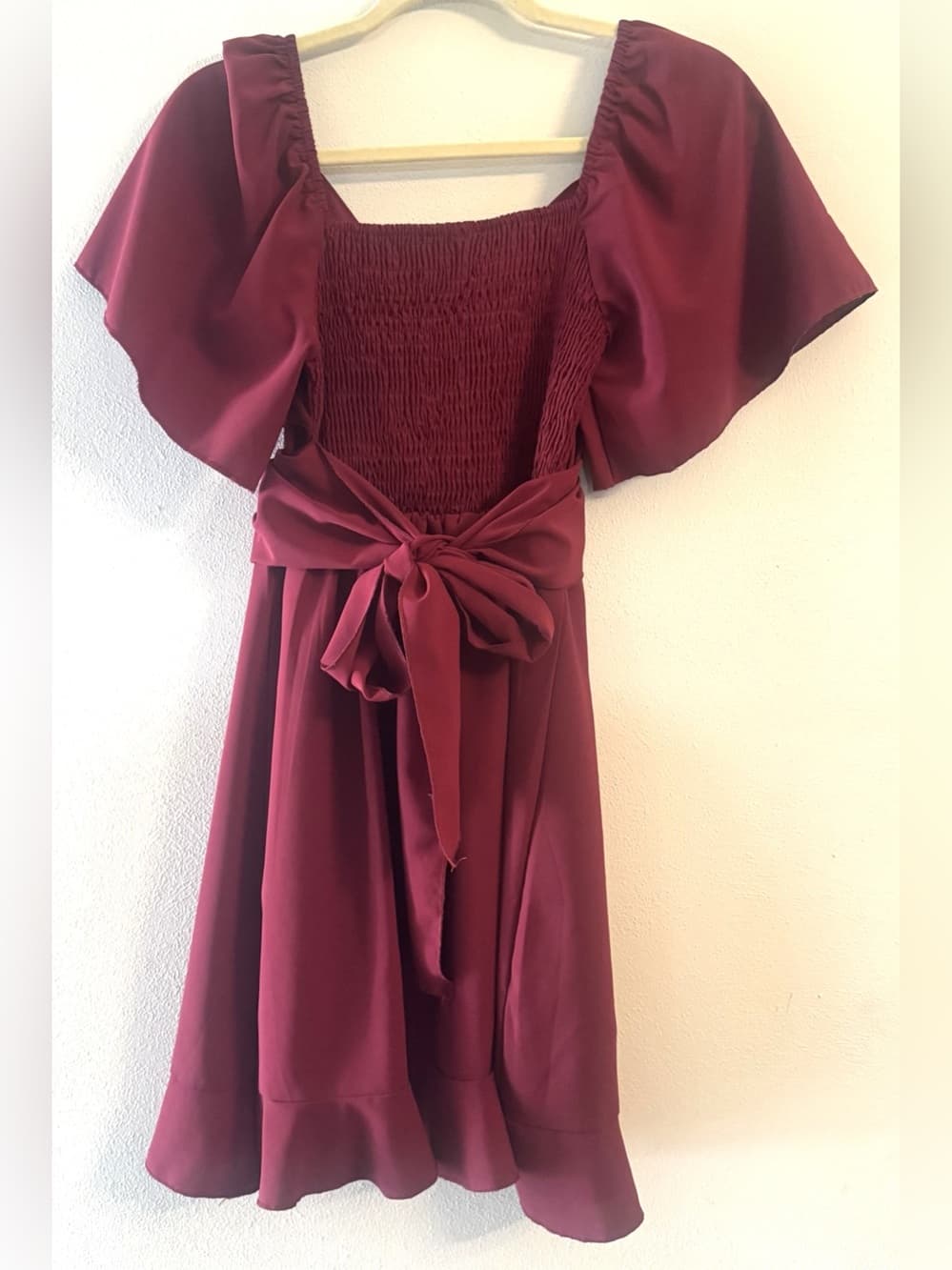 Dokotoo Burgundy Ruffle Wrap Mini Dress Flutter Sleeve Smocked S - Thumbnail 2
