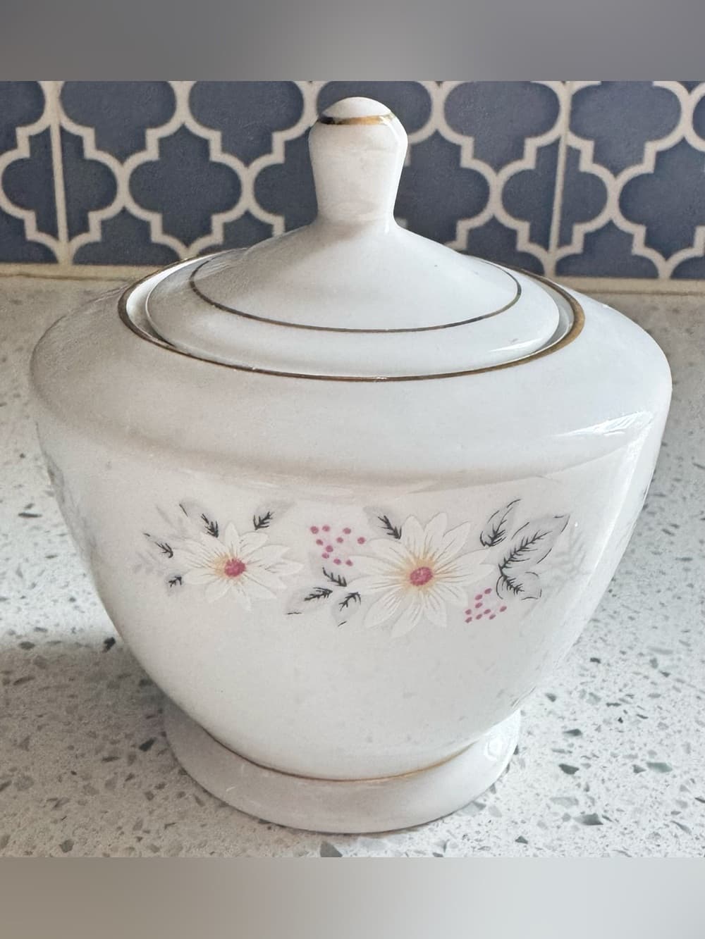 Vintage White Porcelain Lidded Sugar Bowl Pink Floral Gold Trim