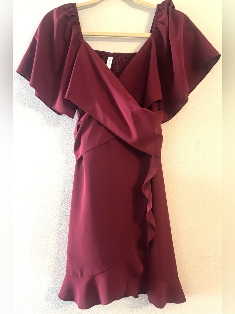 Dokotoo Burgundy Ruffle Wrap Mini Dress Flutter Sleeve Smocked S