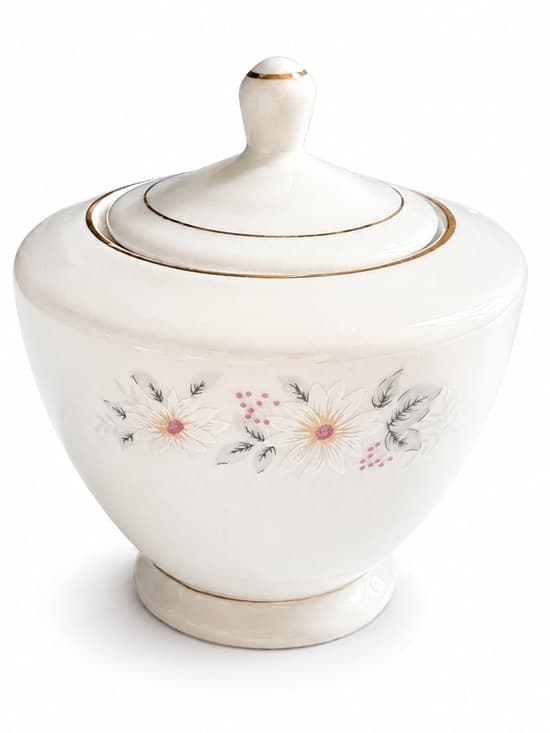 Vintage White Porcelain Lidded Sugar Bowl Pink Floral Gold Trim - Thumbnail 8