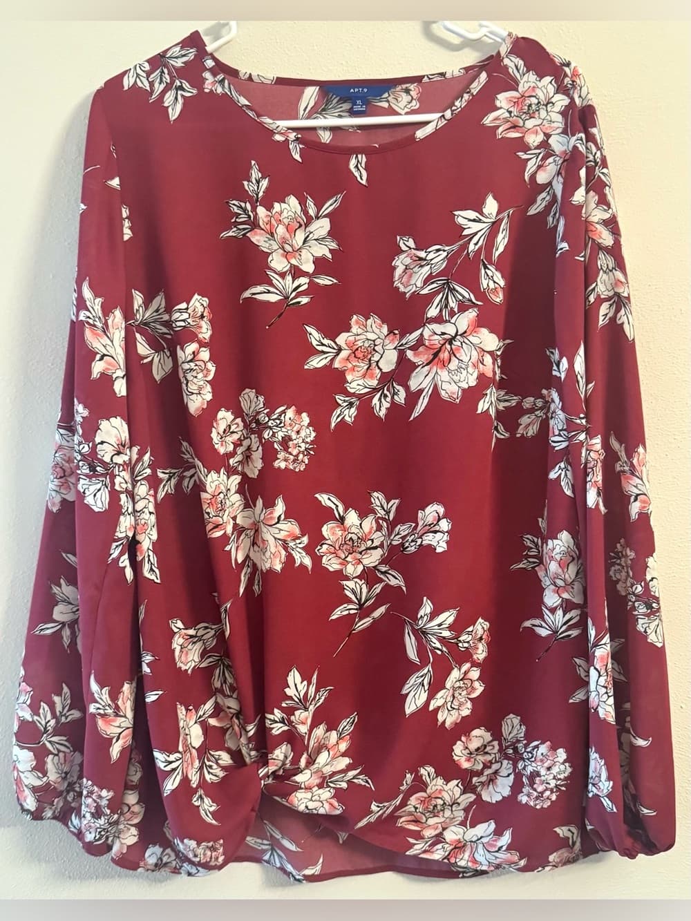 Apt. 9 Burgundy Floral Print Bell Sleeve Blouse XL
