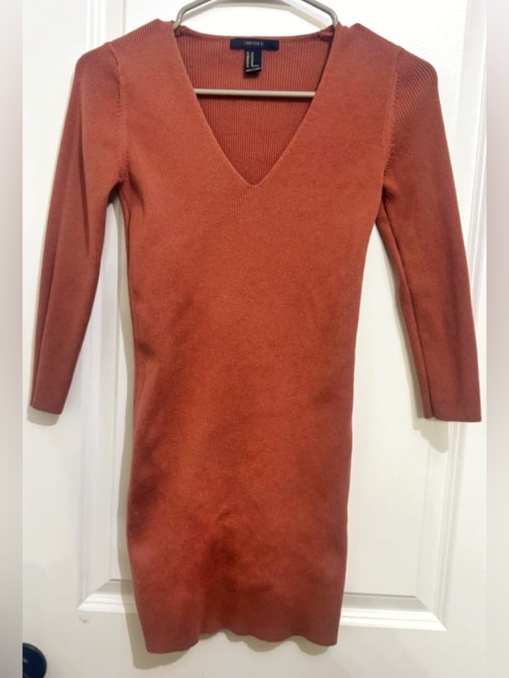 Forever 21 Bodycon Mini Dress S Ribbed V Neck Long Sleeve Rust