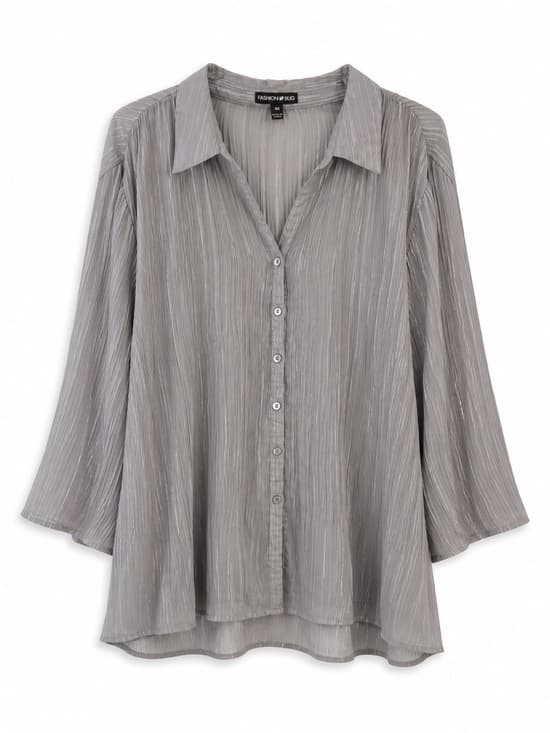 Fashion Bug Women's Gray Shimmer Pleated Button Down Blouse Plus Size 3X - Thumbnail 9