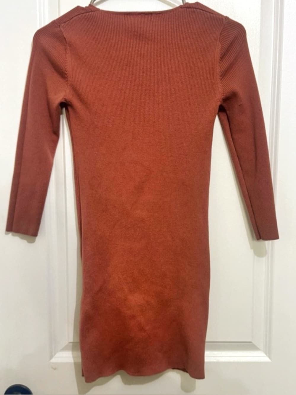 Forever 21 Bodycon Mini Dress S Ribbed V Neck Long Sleeve Rust - Thumbnail 2