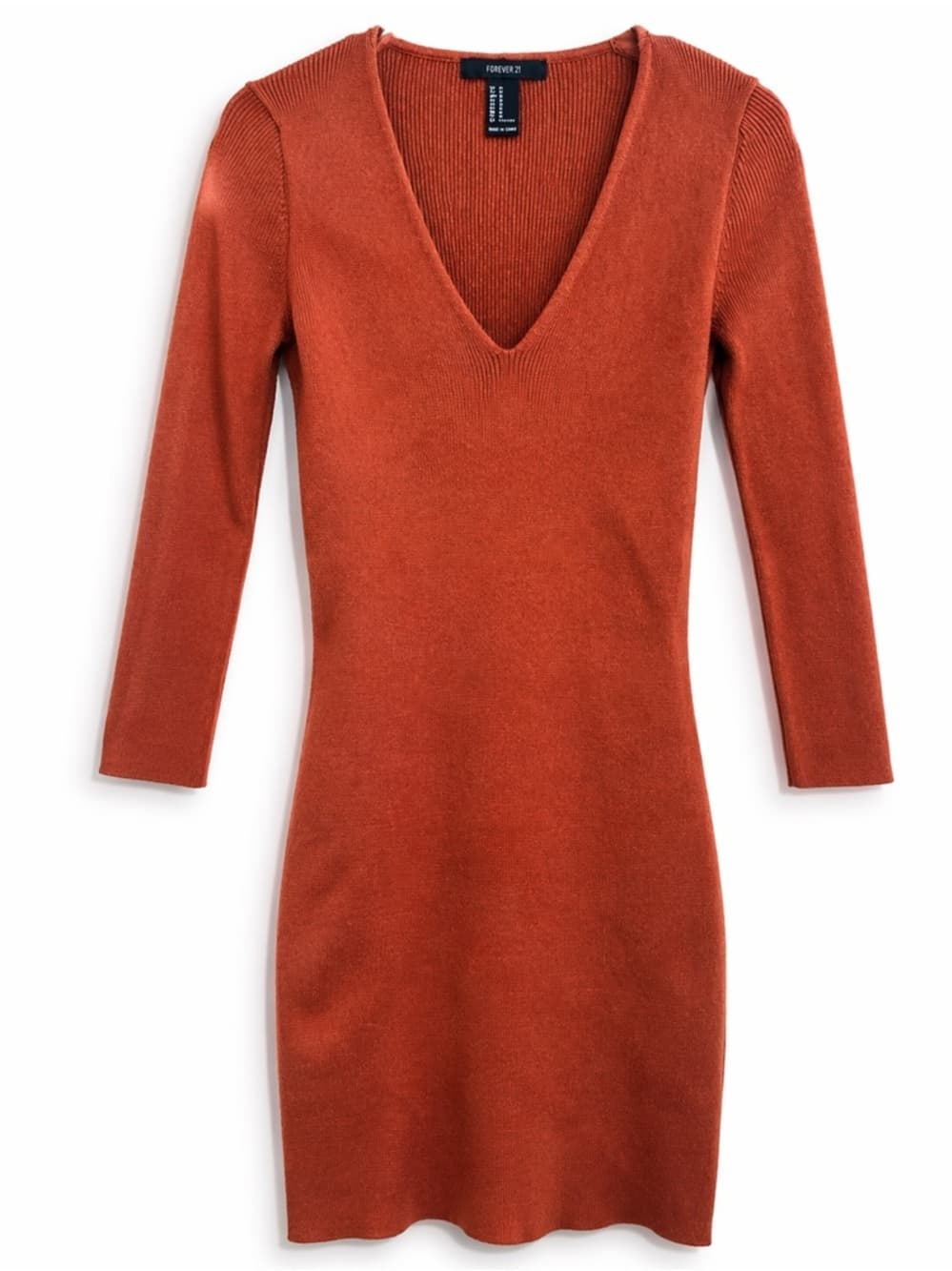 Forever 21 Bodycon Mini Dress S Ribbed V Neck Long Sleeve Rust - Thumbnail 7