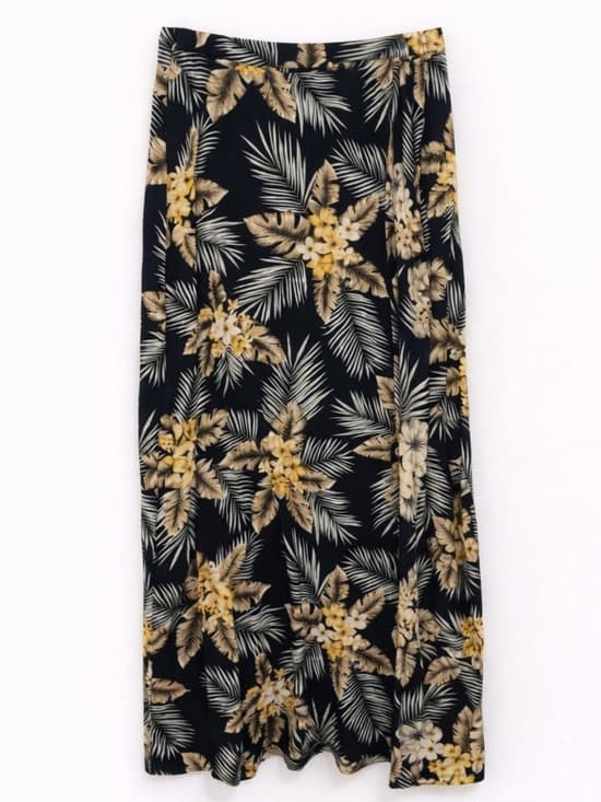 Tropical Floral Midi Skirt Black Yellow Palm Print Built In Shorts L - Thumbnail 6