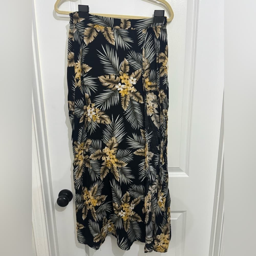 Tropical Floral Midi Skirt Black Yellow Palm Print Built In Shorts L