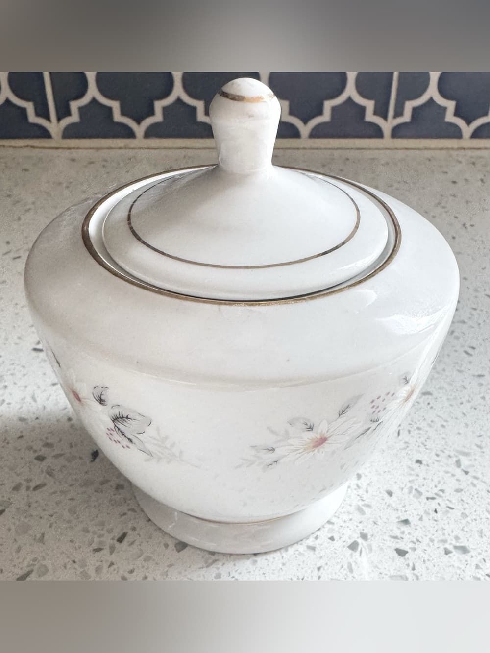Vintage White Porcelain Lidded Sugar Bowl Pink Floral Gold Trim - Thumbnail 2