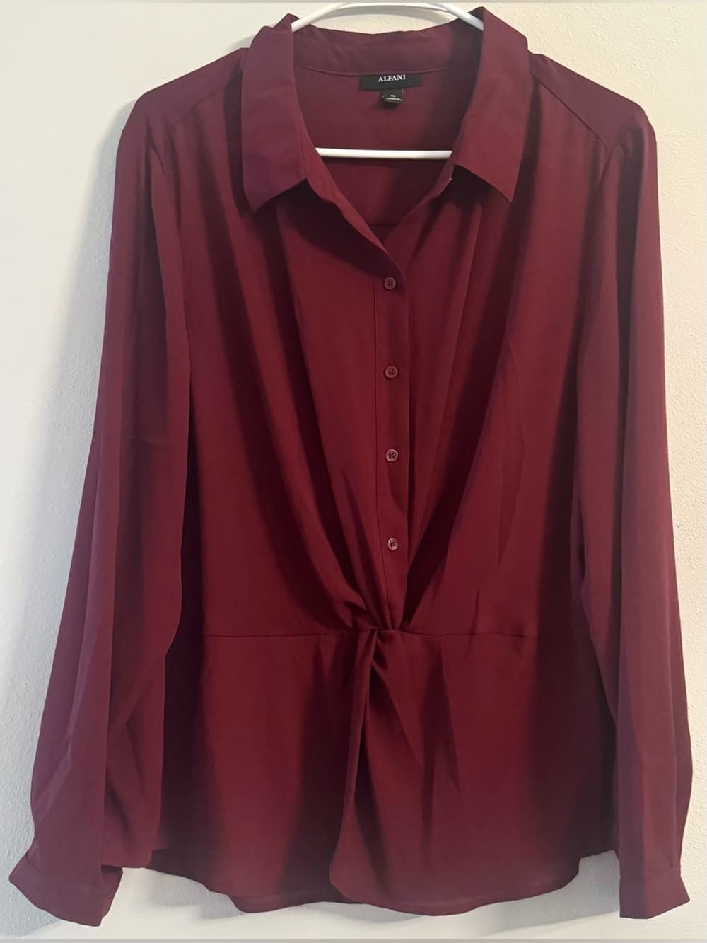 Alfani Malbec Burgundy Twist Front Button Down Blouse XL NWT
