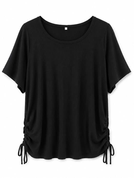 Black Ruched Side Drawstring Short Sleeve Top 4X Plus Size - Thumbnail 9