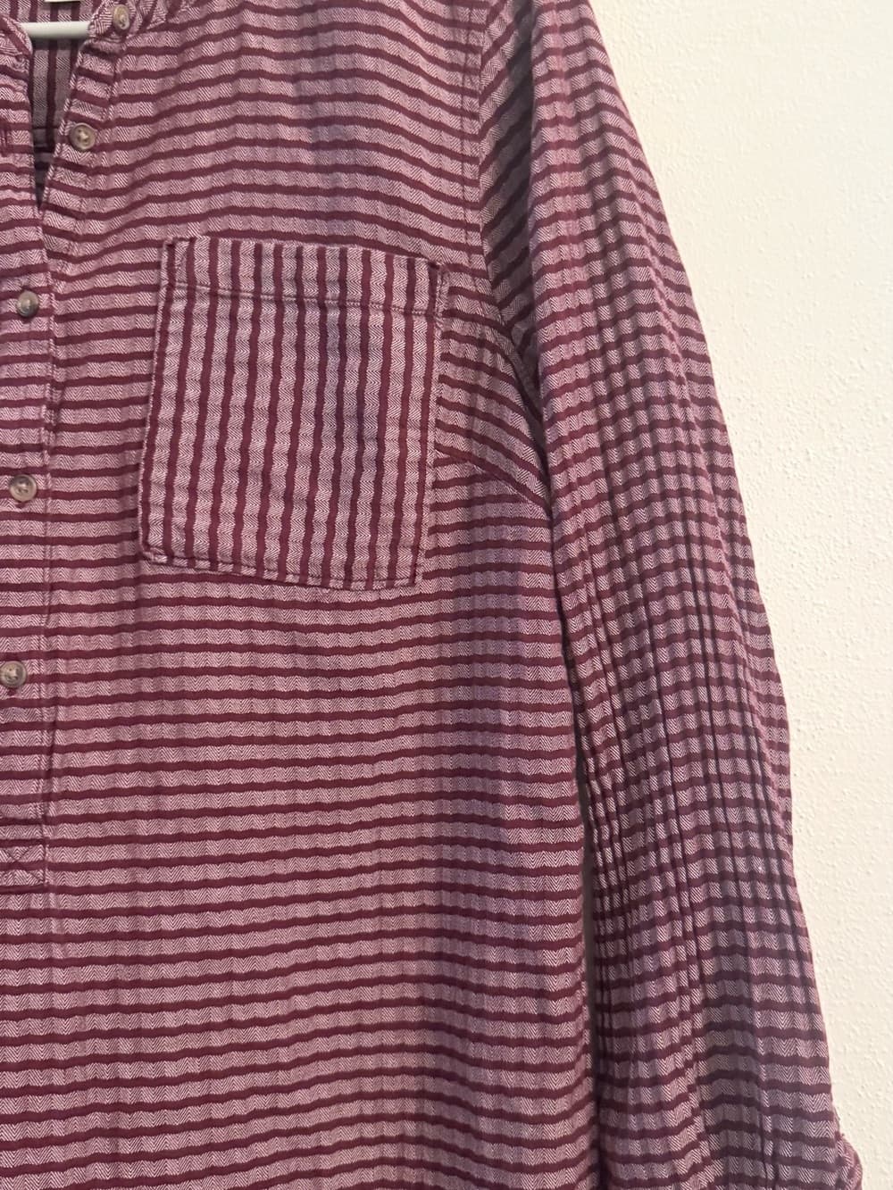 Merona Burgundy Striped V-Neck Chest Pocket Long Sleeve Tunic Top M Casual Boho - Thumbnail 3