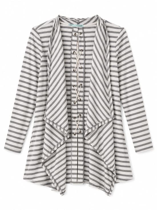Maurices Gray White Striped Open Front Ruffle Cascade Cardigan M Cozy Casual - Thumbnail 7