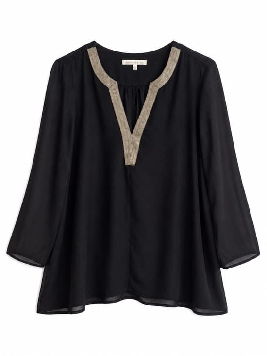 Daniel Rainn Black Gold Embellished V-Neck Flowy 3/4 Sleeve Blouse M Boho Glam - Thumbnail 8