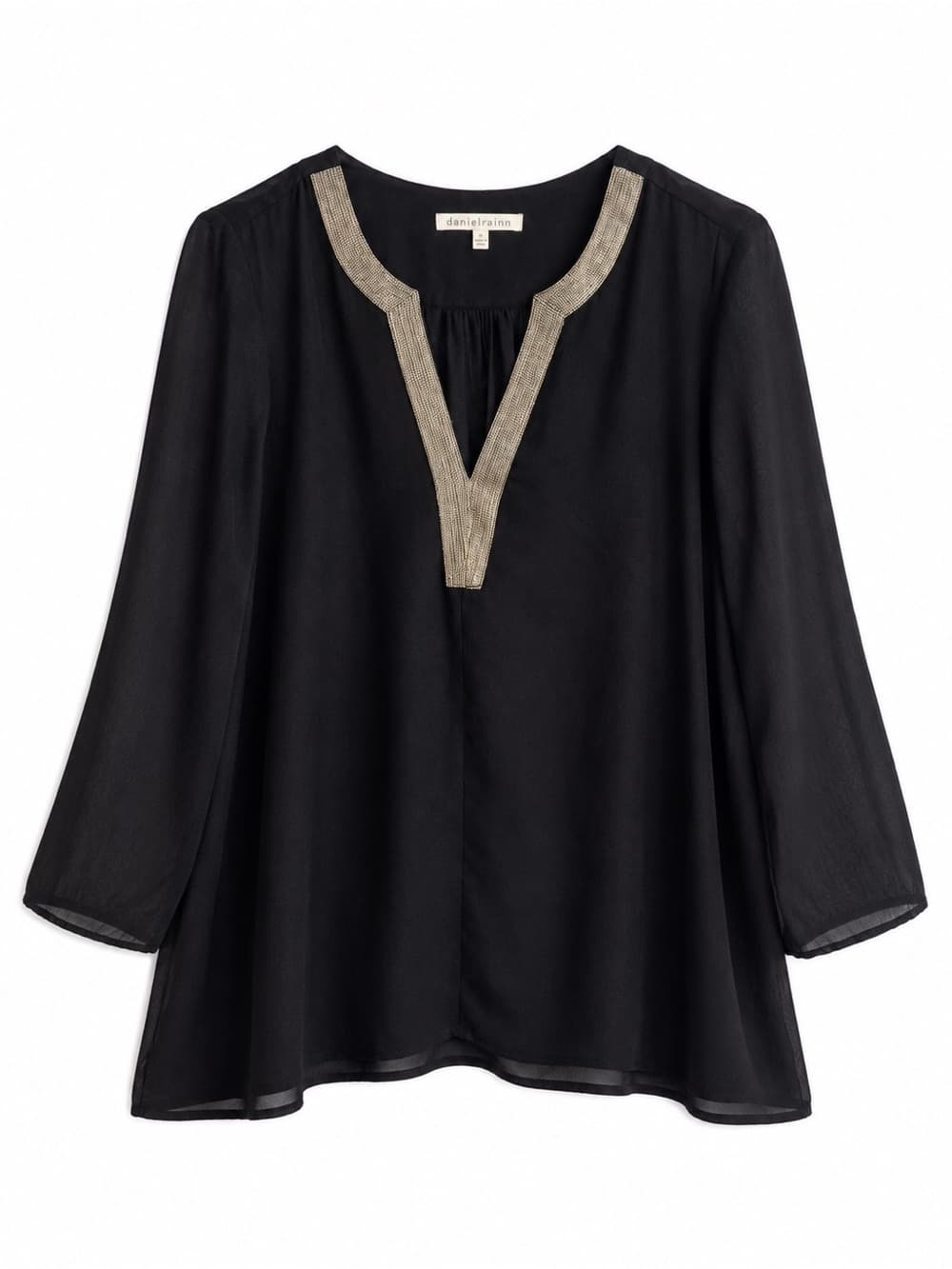 Daniel Rainn Black Gold Embellished V-Neck Flowy 3/4 Sleeve Blouse M Boho Glam - Thumbnail 7