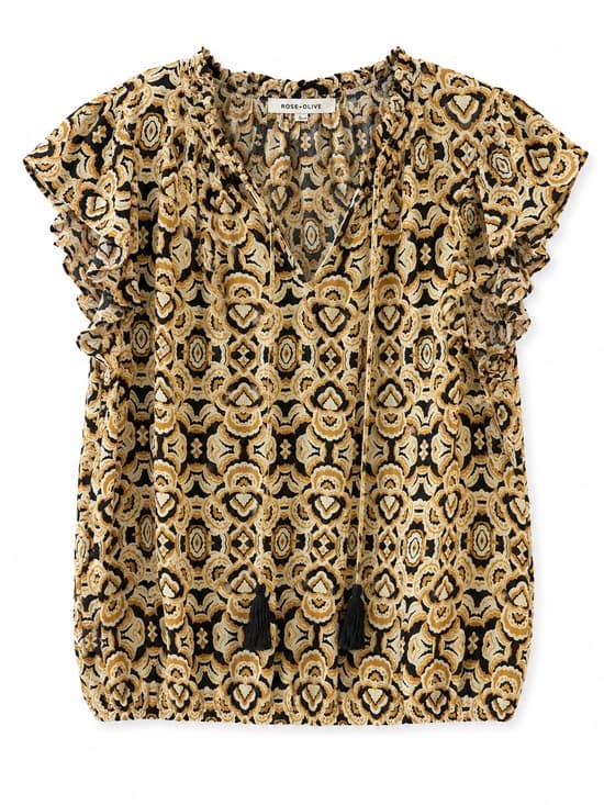 Rose + Olive Gold Black Ikat Print Flowy Cap Sleeve Blouse Size L - Thumbnail 9