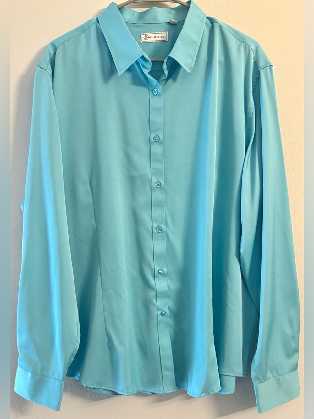 Siliteelon Women's Light Blue Satin Long Sleeve Button Down Blouse Plus Size 3X