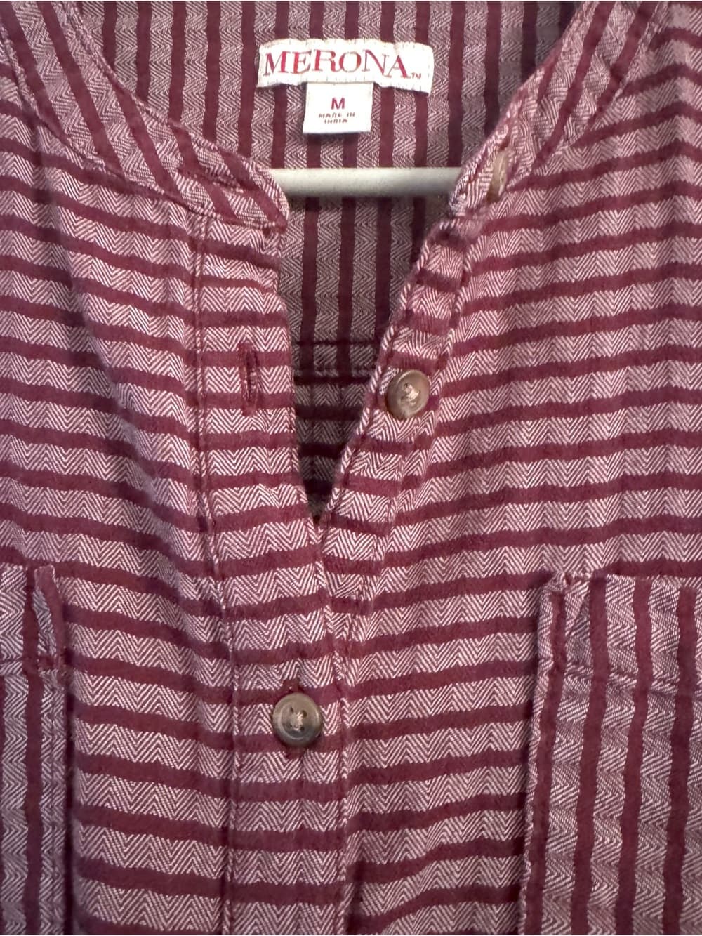 Merona Burgundy Striped V-Neck Chest Pocket Long Sleeve Tunic Top M Casual Boho - Thumbnail 4