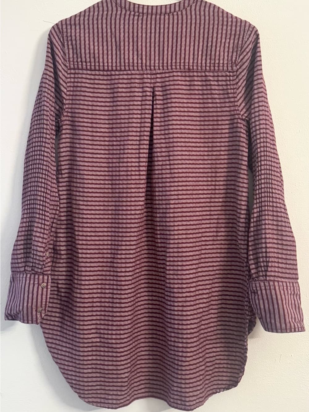 Merona Burgundy Striped V-Neck Chest Pocket Long Sleeve Tunic Top M Casual Boho - Thumbnail 2