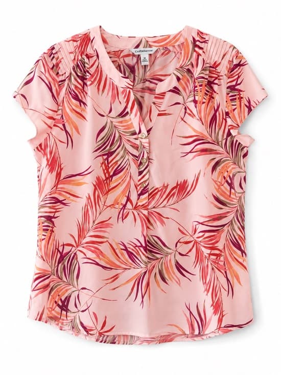 Croft & Barrow Women's Pink Tropical Print Cap Sleeve V-Neck Blouse Size Medium - Thumbnail 8