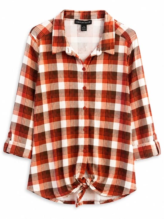 Carolyn Taylor Orange Brown Cream Plaid Button Front Shirt Large Long Sleeve - Thumbnail 9