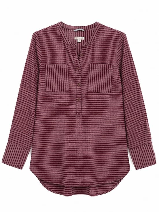 Merona Burgundy Striped V-Neck Chest Pocket Long Sleeve Tunic Top M Casual Boho - Thumbnail 10