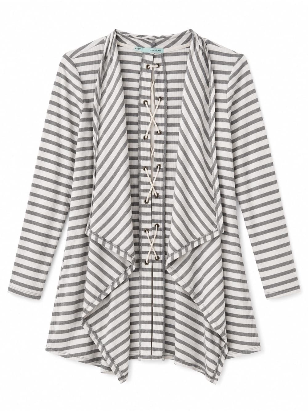 Maurices Gray White Striped Open Front Ruffle Cascade Cardigan M Cozy Casual - Thumbnail 6