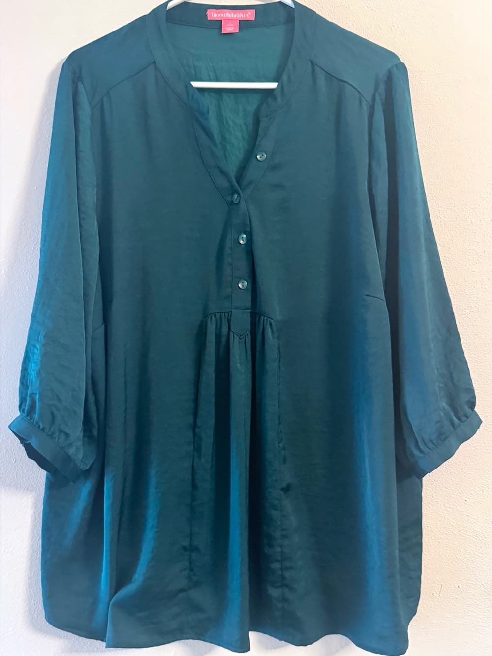 Woman Within Teal Smocked Bust 3/4 Sleeve Button Down Blouse Large