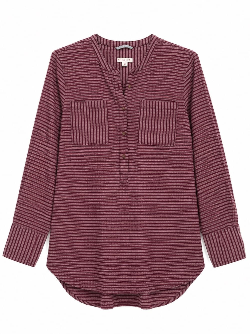 Merona Burgundy Striped V-Neck Chest Pocket Long Sleeve Tunic Top M Casual Boho - Thumbnail 9