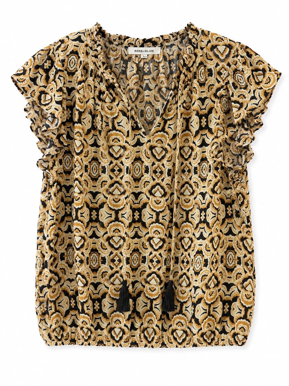 Rose + Olive Gold Black Ikat Print Flowy Cap Sleeve Blouse Size L - Thumbnail 8