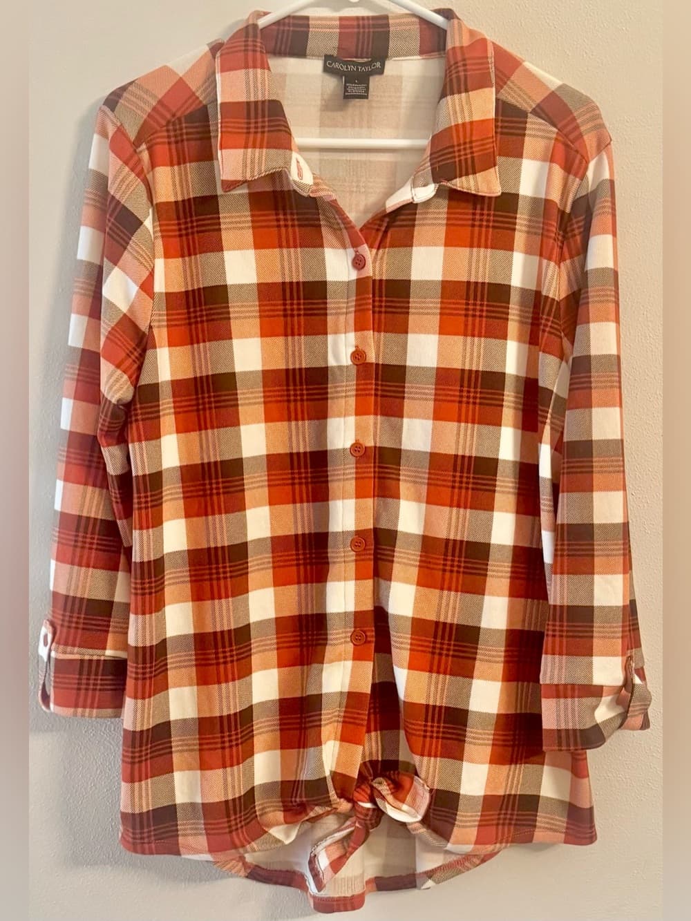 Carolyn Taylor Orange Brown Cream Plaid Button Front Shirt Large Long Sleeve