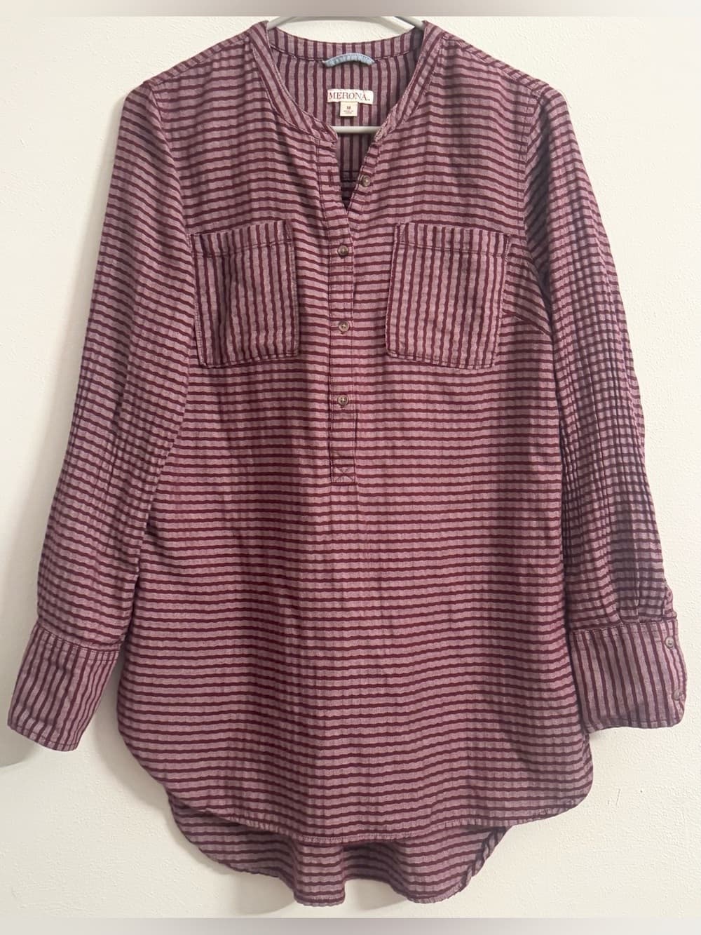 Merona Burgundy Striped V-Neck Chest Pocket Long Sleeve Tunic Top M Casual Boho