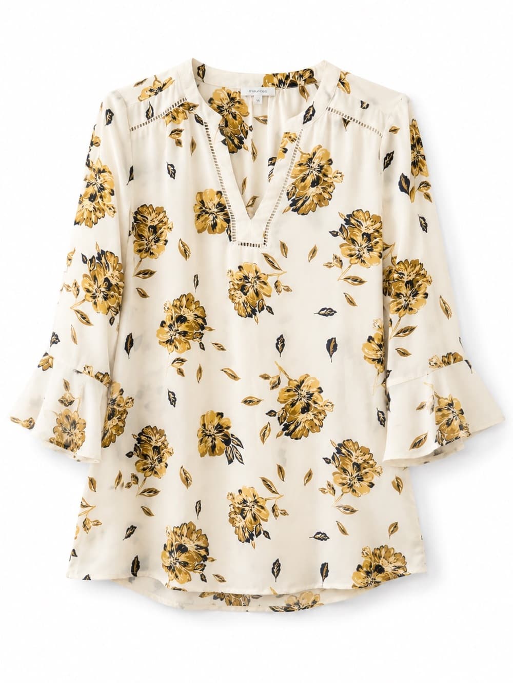 Maurices Women's Cream Yellow Floral Flutter Sleeve V-Neck Blouse Flowy Medium - Thumbnail 8