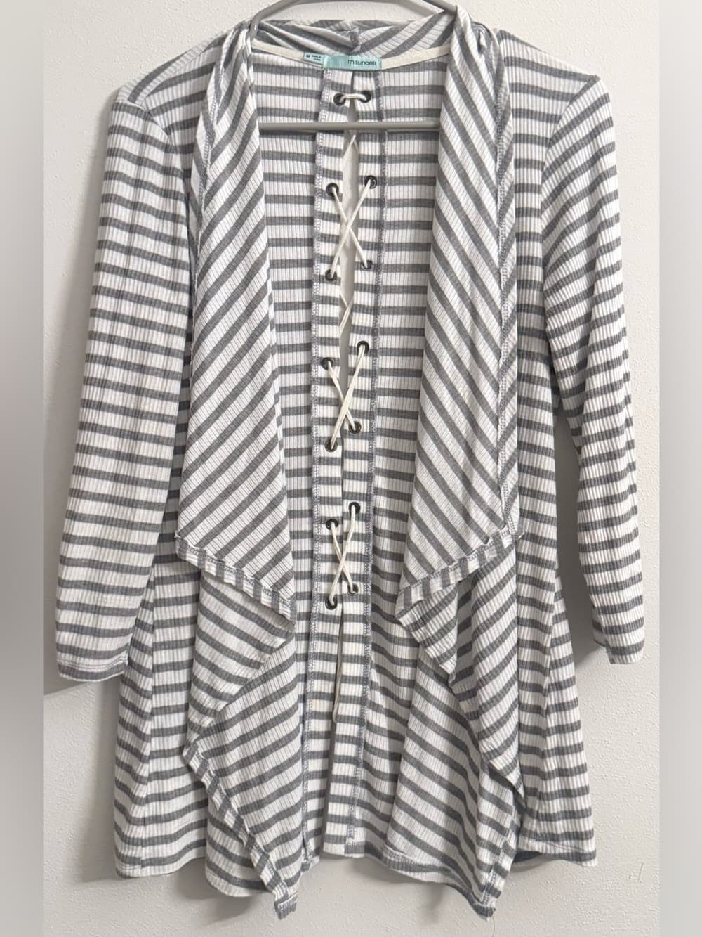 Maurices Gray White Striped Open Front Ruffle Cascade Cardigan M Cozy Casual
