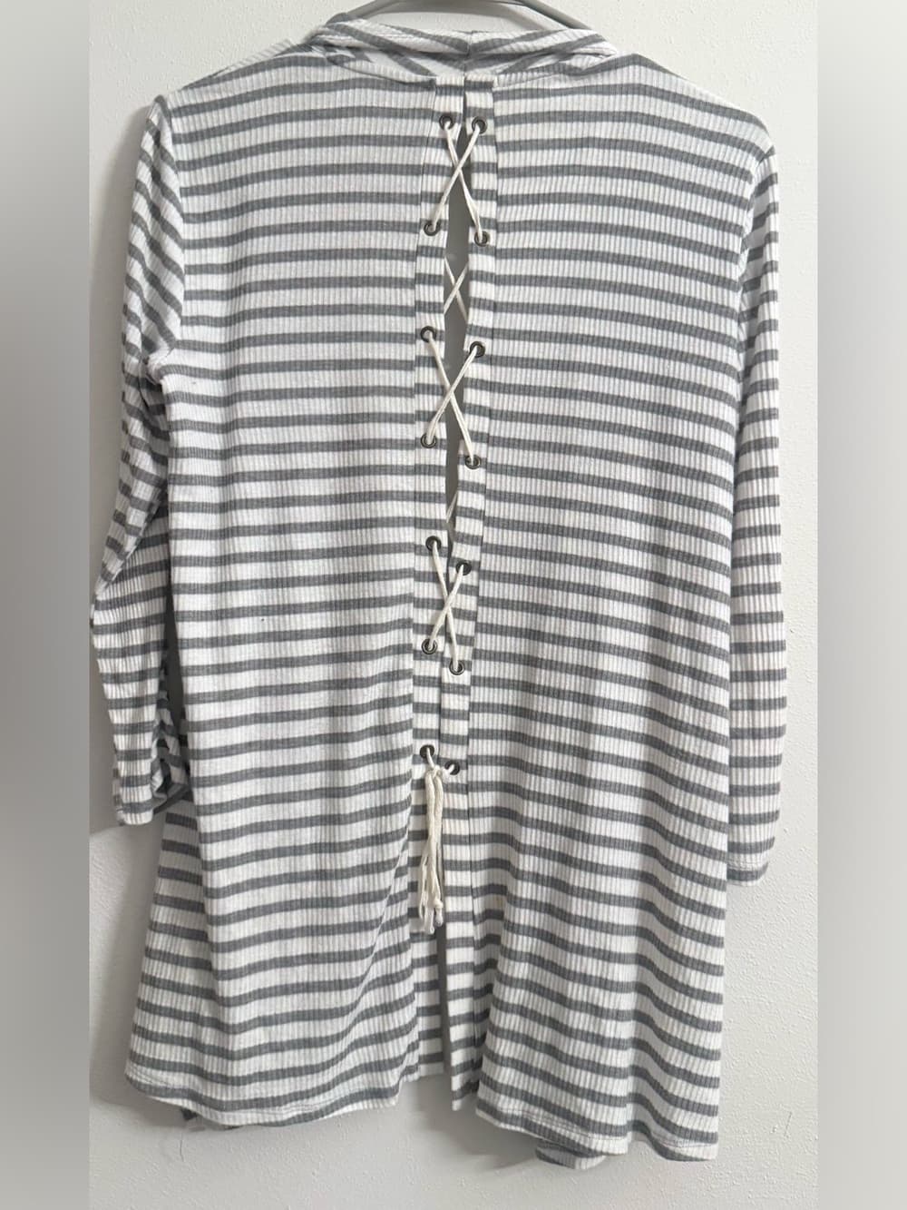 Maurices Gray White Striped Open Front Ruffle Cascade Cardigan M Cozy Casual - Thumbnail 2