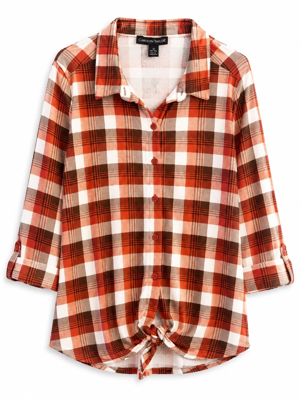Carolyn Taylor Orange Brown Cream Plaid Button Front Shirt Large Long Sleeve - Thumbnail 8