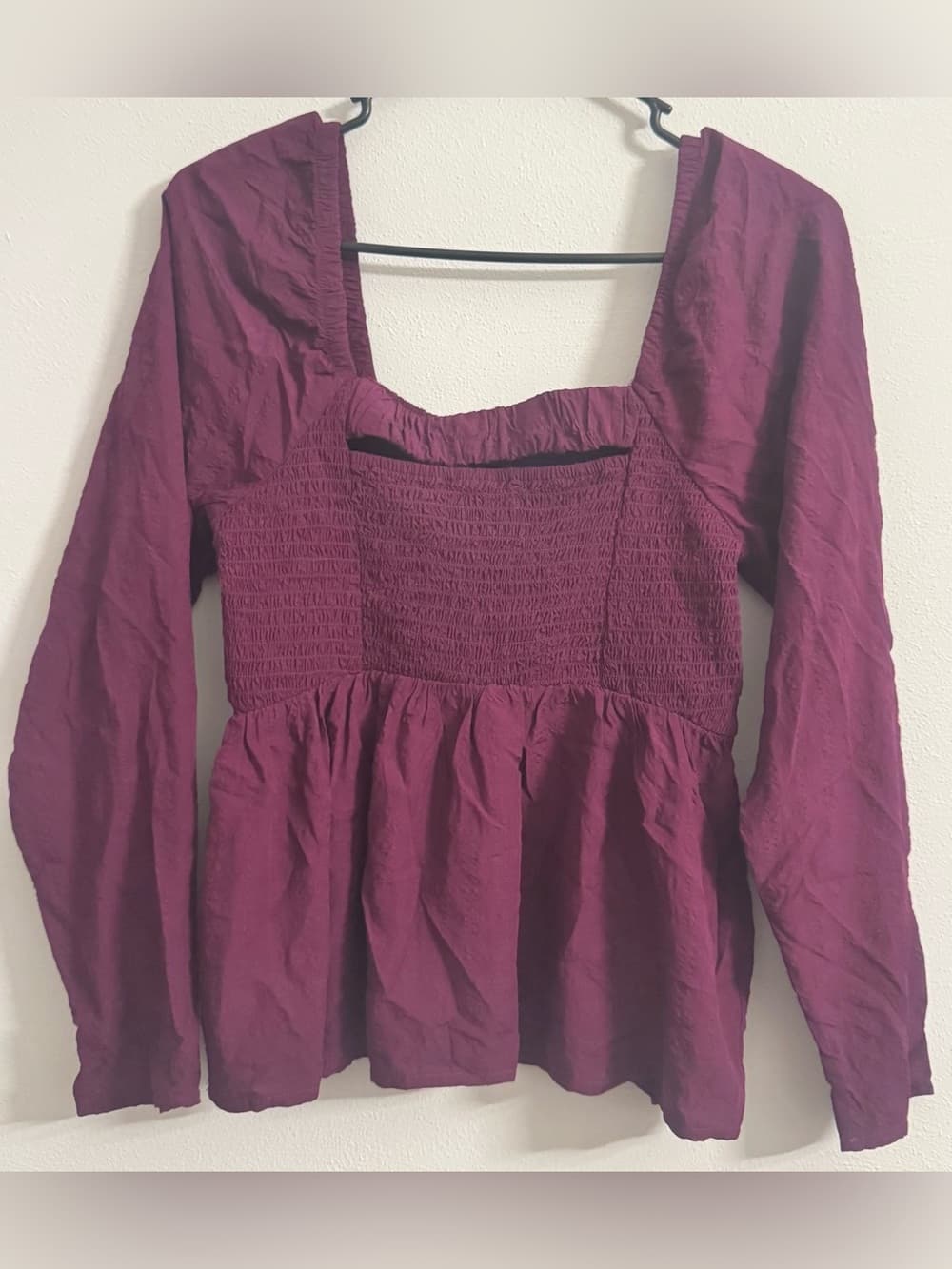 Old Navy Berry Plum Smocked Square Neck Long Sleeve Peplum Blouse M Cottagecore - Thumbnail 2