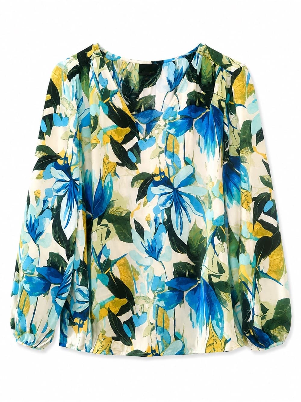 JM Collection Blue Yellow Floral Sheer Long Sleeve Blouse L Summer Boho - Thumbnail 7