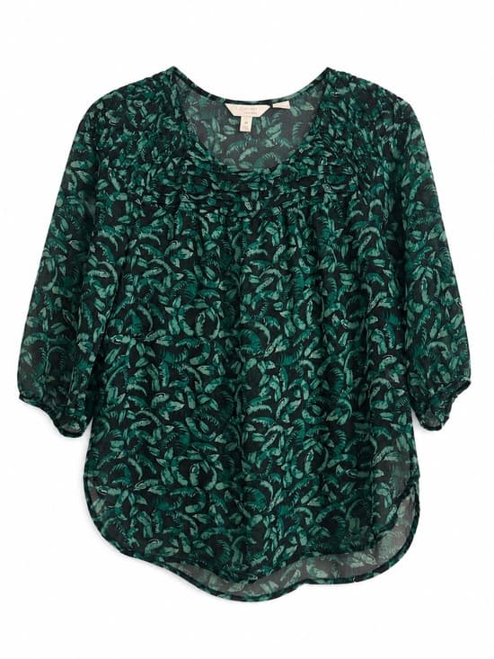 LC Lauren Conrad Teal Black Leaf Print Flutter Sleeve Blouse M Chiffon Flowy - Thumbnail 10
