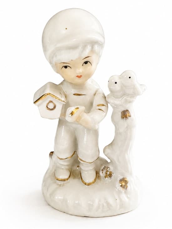 Vintage White Porcelain Boy With Birds Figurine Collectible Home Decor - Thumbnail 7